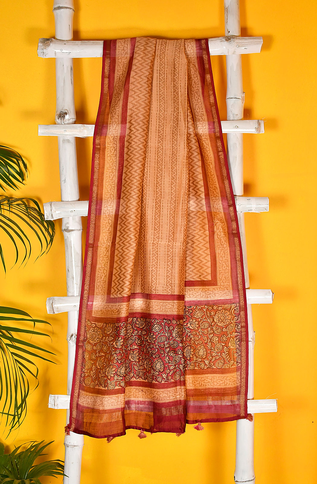 Beige and Maroon Pure Silk Chanderi Unstitched Suit Set