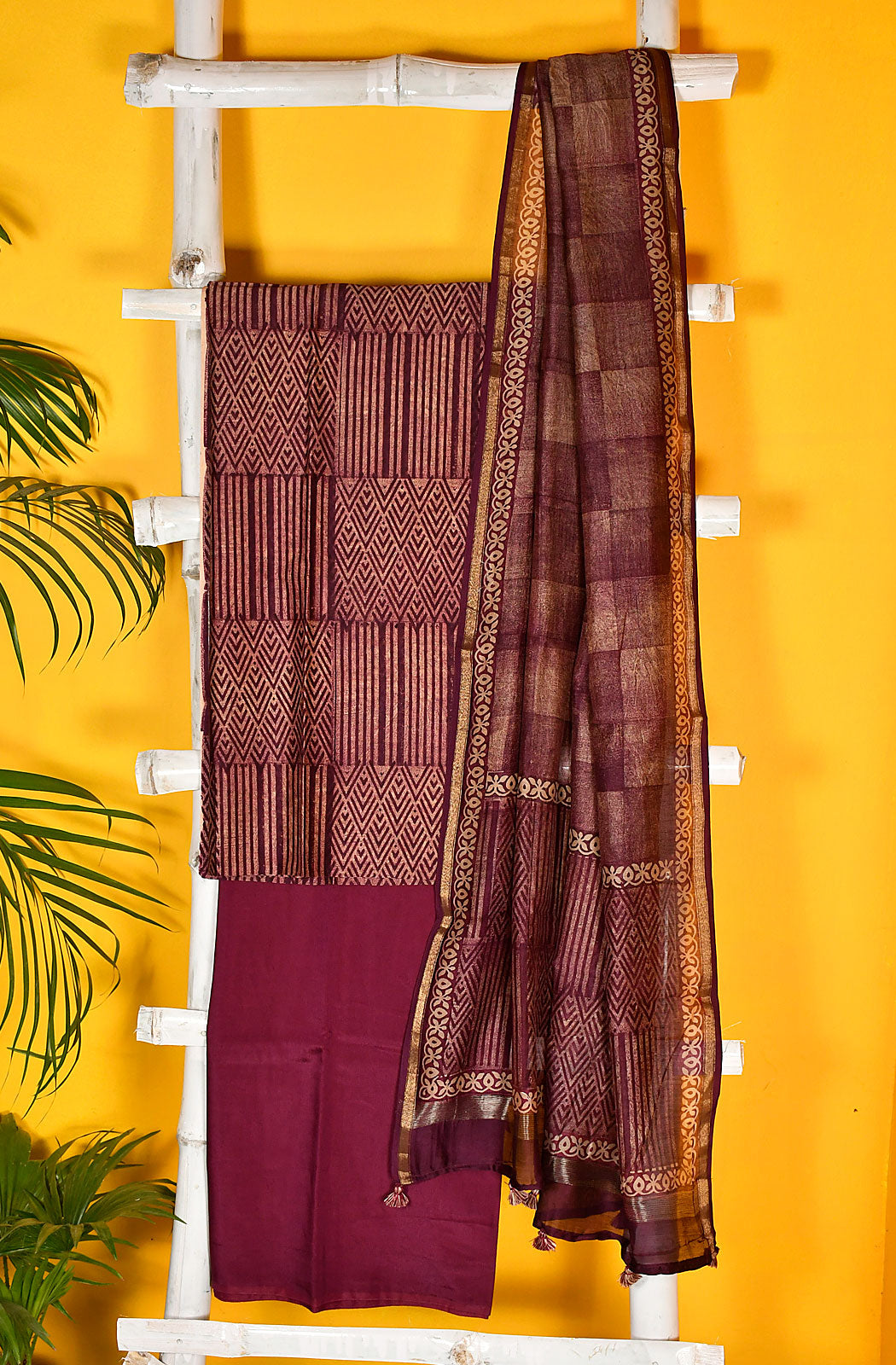 Dark Magenta and Beige Pure Silk Chanderi Unstitched Suit Set