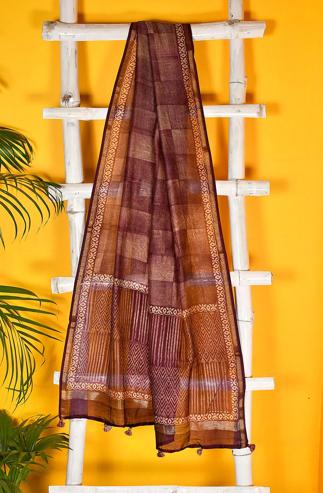 Dark Magenta and Beige Pure Silk Chanderi Unstitched Suit Set - Naksheband