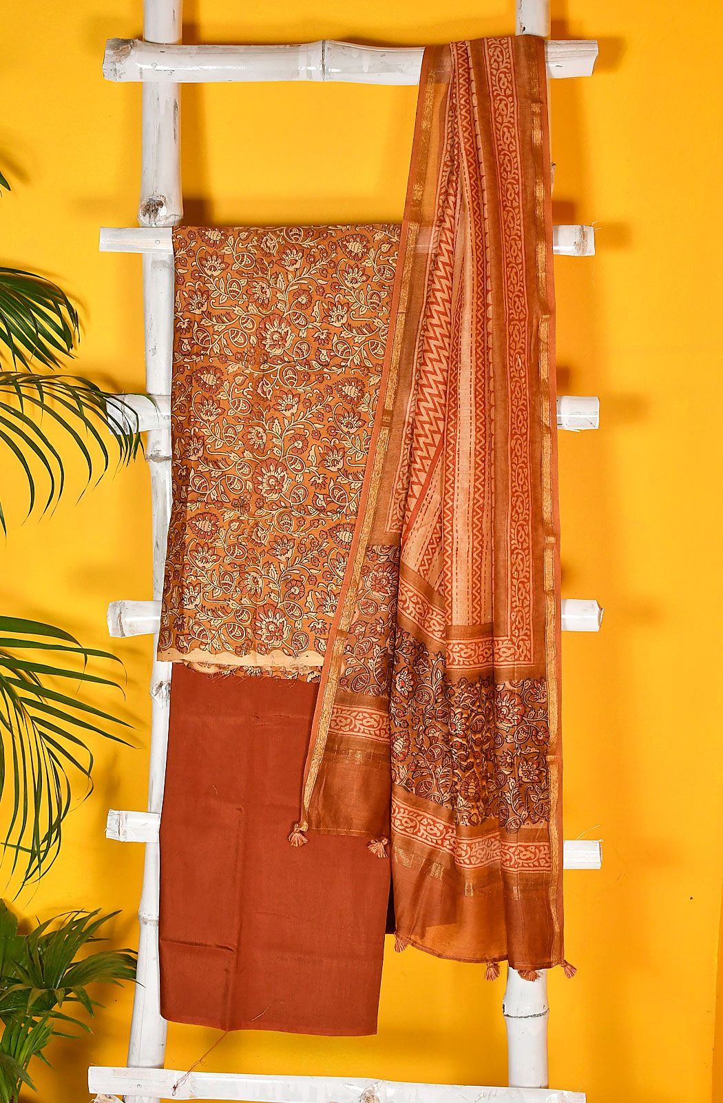 Mustard and Rust Pure Silk Chanderi Unstitched Suit Set - Naksheband