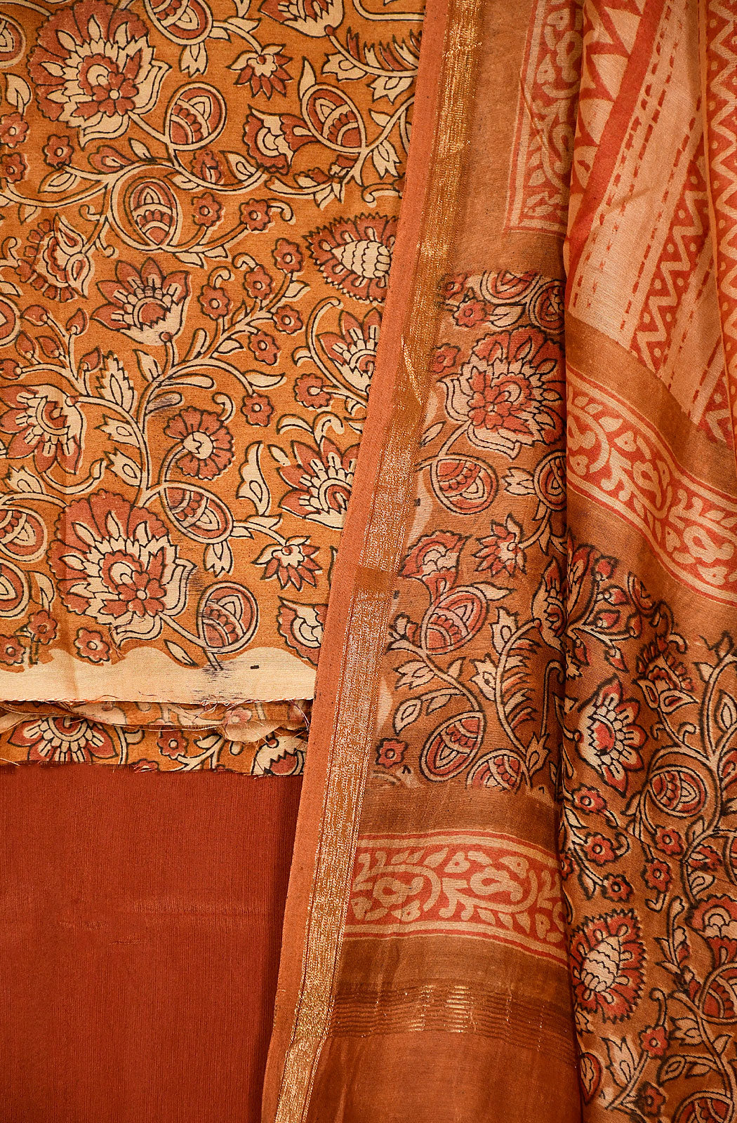 Mustard and Rust Pure Silk Chanderi Unstitched Suit Set - Naksheband