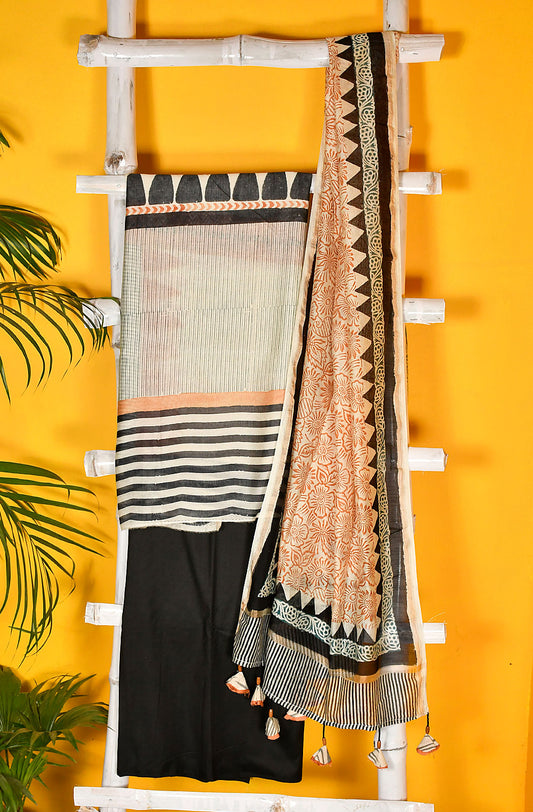 Off White and Black Pure Silk Chanderi Unstitched Suit Set - Naksheband