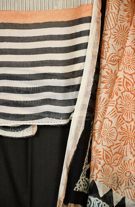 Off White and Black Pure Silk Chanderi Unstitched Suit Set - Naksheband