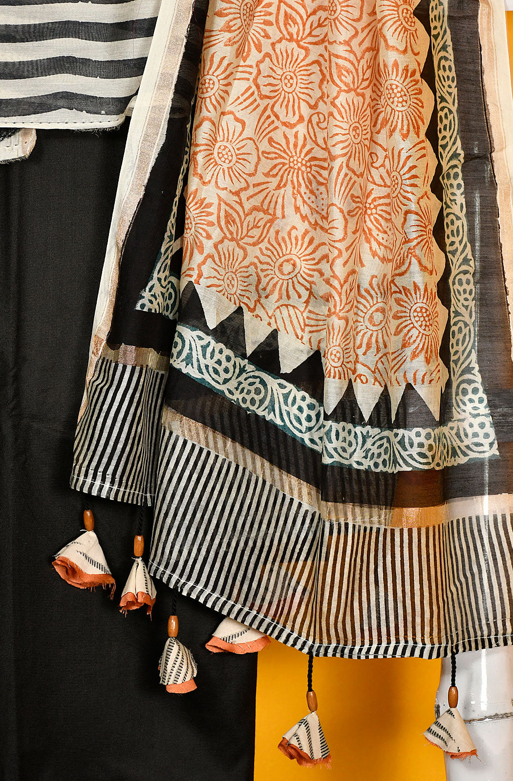 Off White and Black Pure Silk Chanderi Unstitched Suit Set - Naksheband