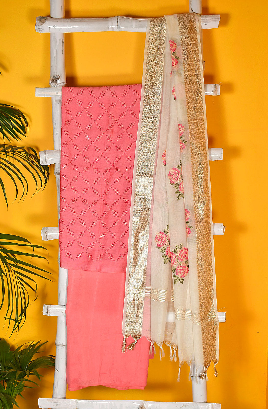 Peach Pink Palm Silk Unstitched Suit Set - Naksheband