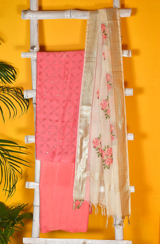 Peach Pink Palm Silk Unstitched Suit Set - Naksheband