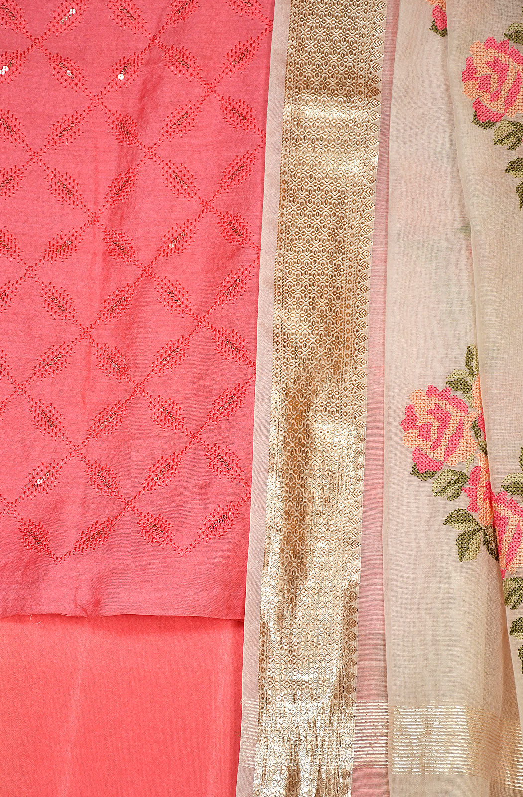 Peach Pink Palm Silk Unstitched Suit Set