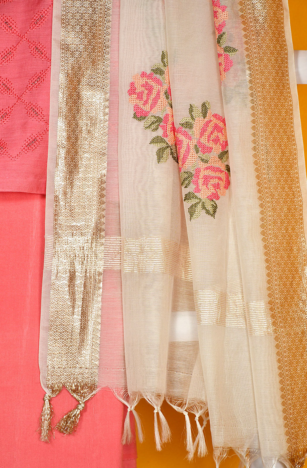 Peach Pink Palm Silk Unstitched Suit Set - Naksheband