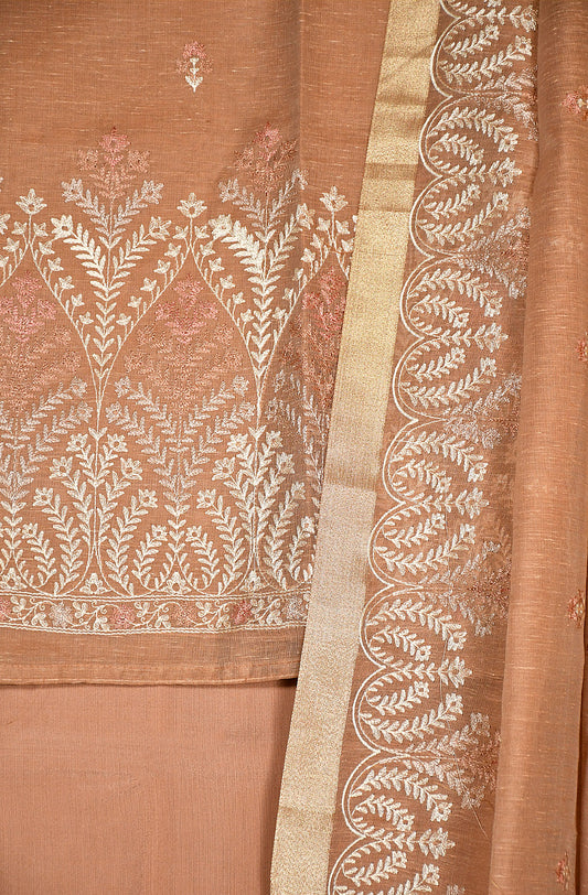 Muddy Brown Linen Unstitched Suit Set - Naksheband
