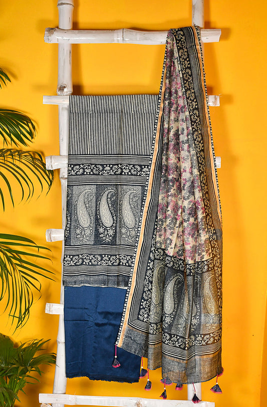 Navy Blue and Off White Pure Silk Chanderi Unstitched Suit Set - Naksheband