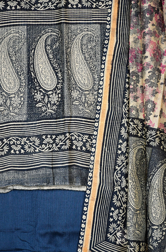 Navy Blue and Off White Pure Silk Chanderi Unstitched Suit Set - Naksheband