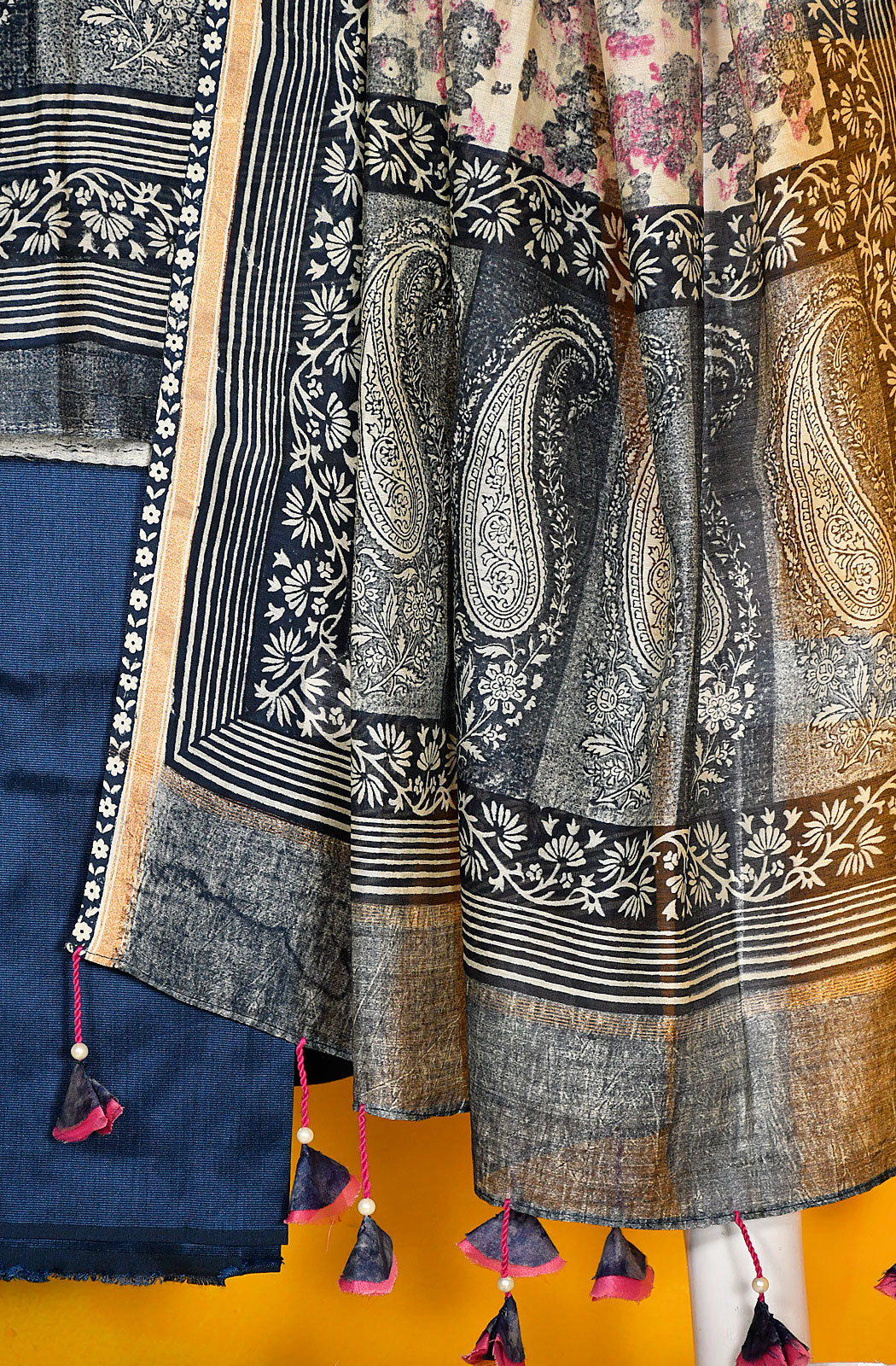 Navy Blue and Off White Pure Silk Chanderi Unstitched Suit Set - Naksheband