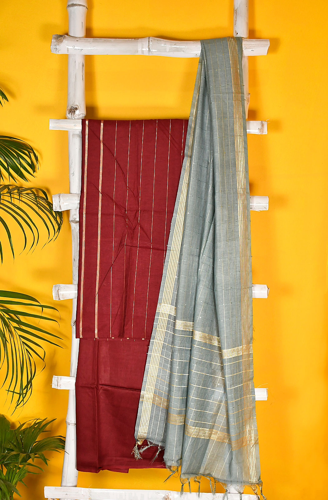 Dark Maroon Pure Silk Chanderi Unstitched Suit Set - Naksheband