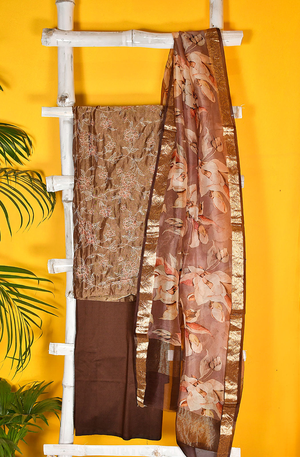 Brown Pure Tissue Unstitched Suit Set - Naksheband