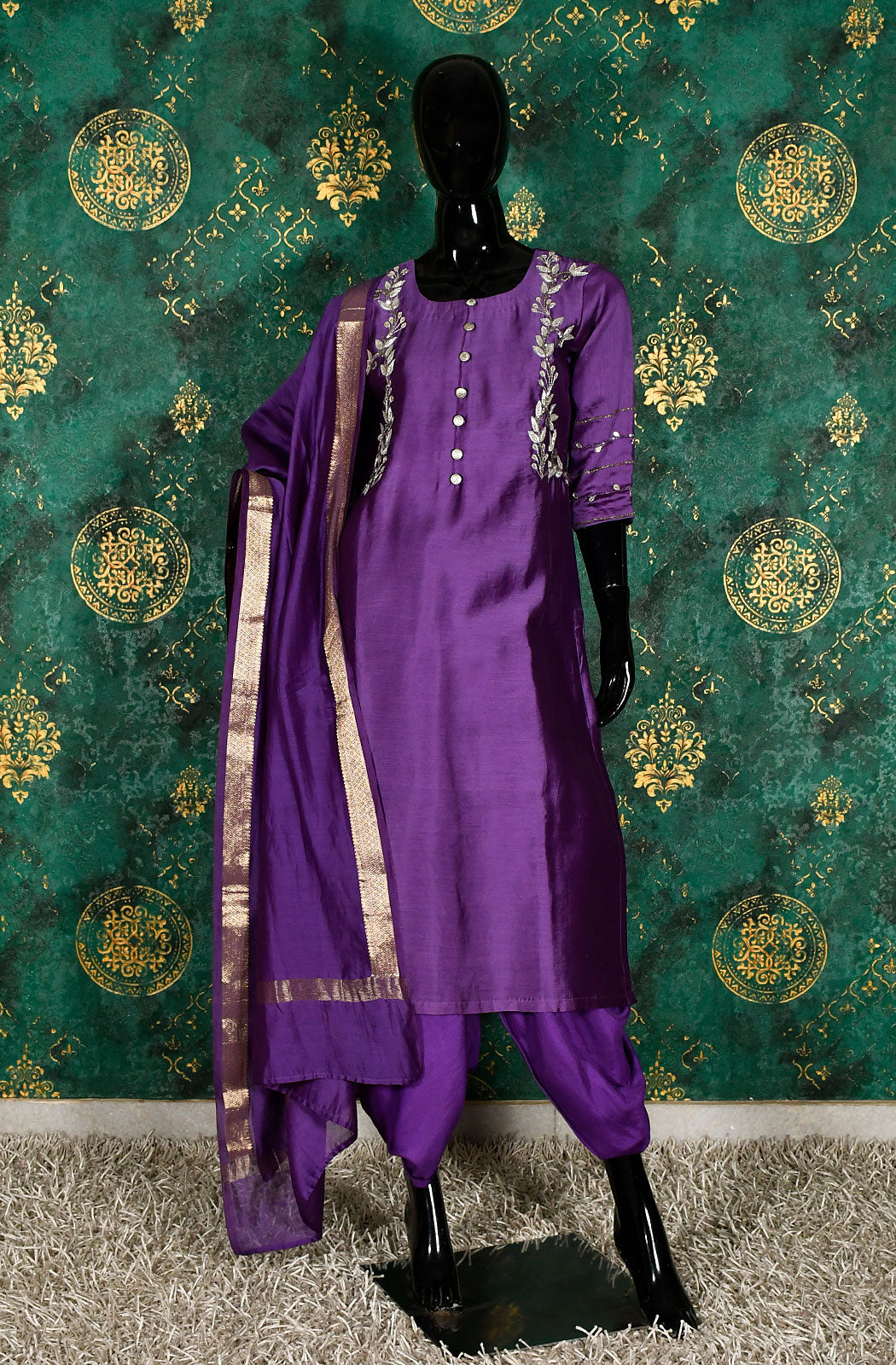 Lavender Pure Chanderi Silk Hand Embroidered Suit Set