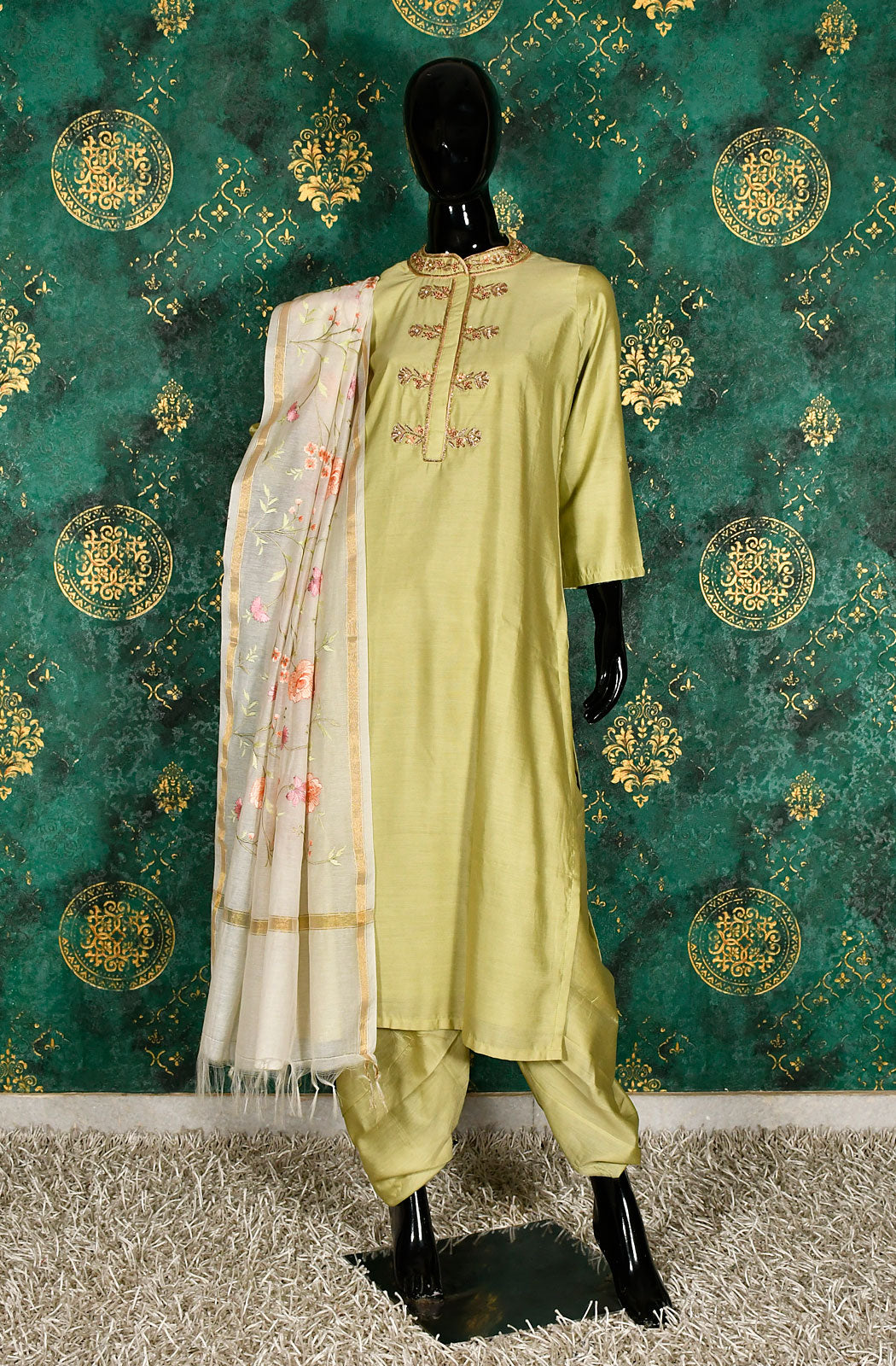 Pista Pure Silk Chanderi Hand Embroidered Suit Set