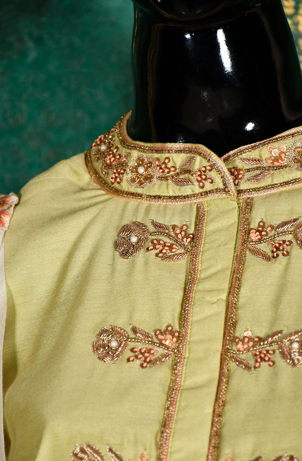Pista Pure Silk Chanderi Hand Embroidered Suit Set