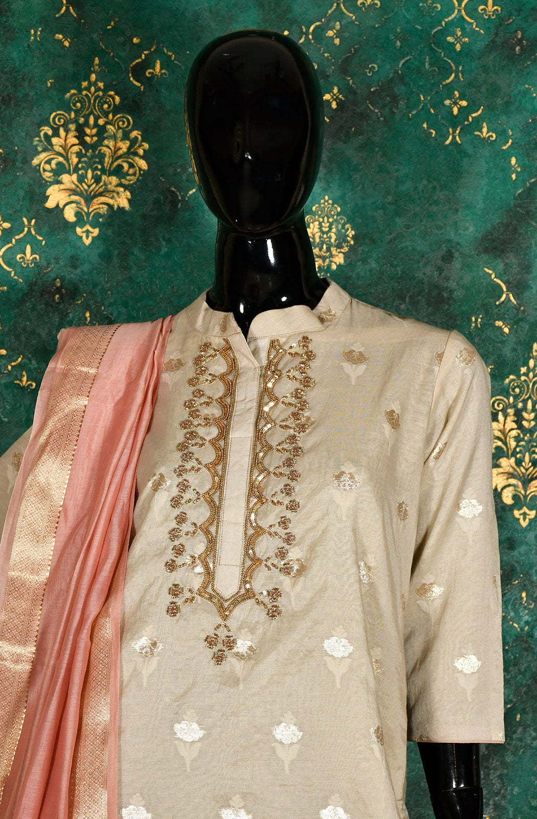 Beige Cotton Chanderi Hand Embroidered Suit Set - Naksheband