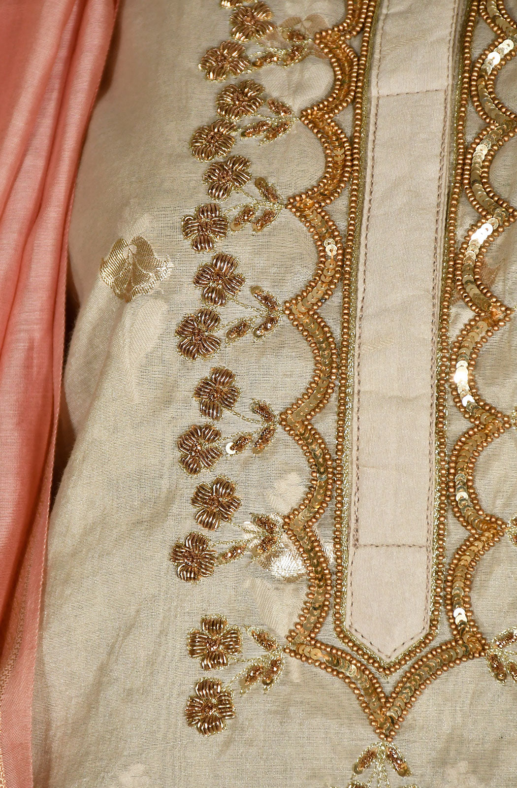 Beige Cotton Chanderi Hand Embroidered Suit Set - Naksheband