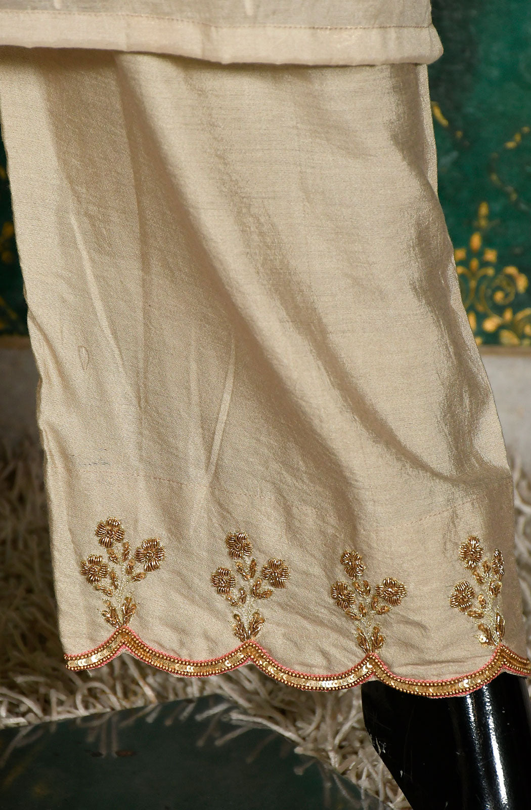 Beige Cotton Chanderi Hand Embroidered Suit Set - Naksheband
