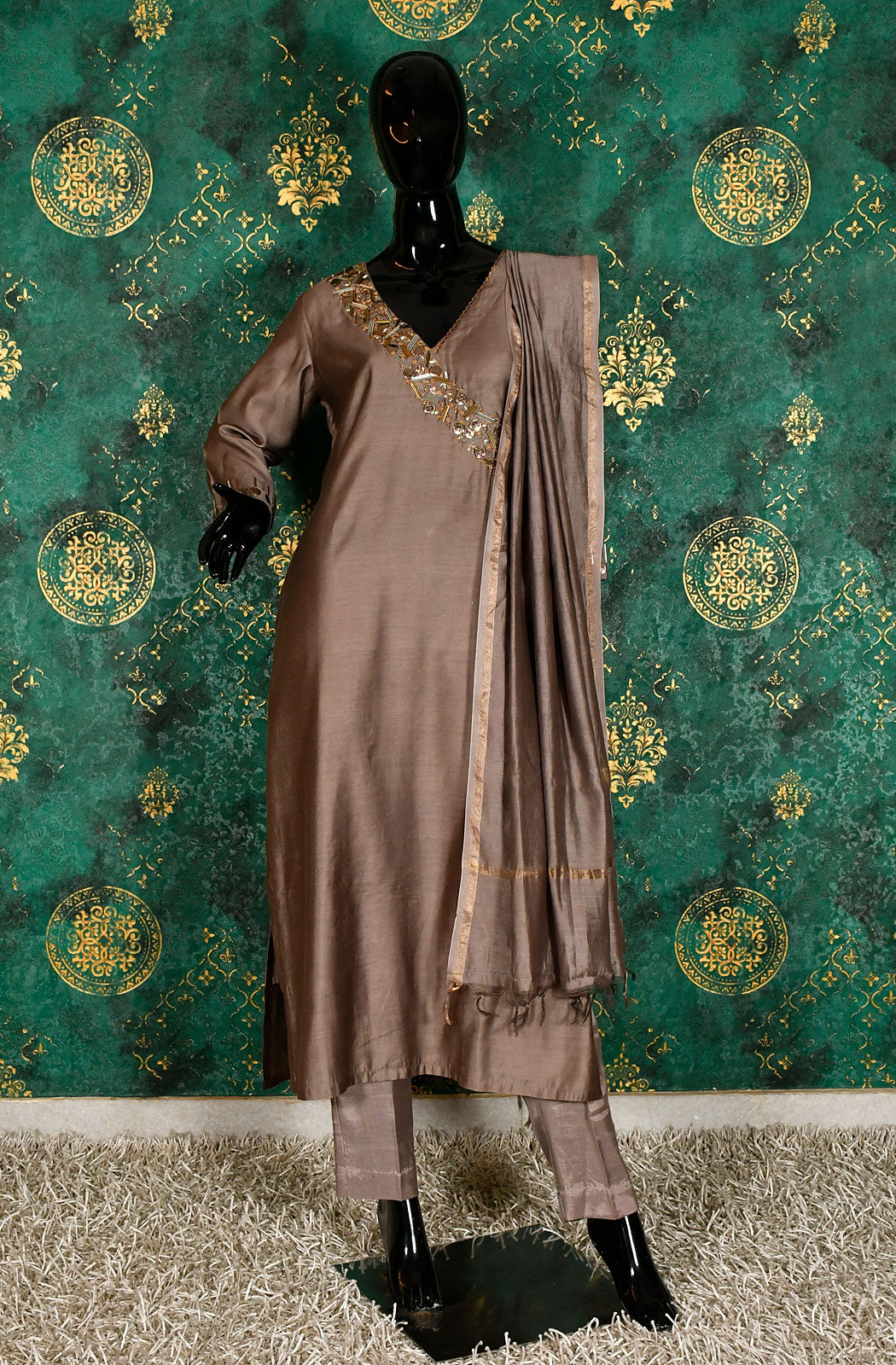 Brown Pure Silk Chanderi Hand Embroidered Suit Set - Naksheband