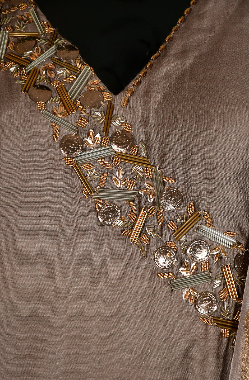 Brown Pure Silk Chanderi Hand Embroidered Suit Set - Naksheband