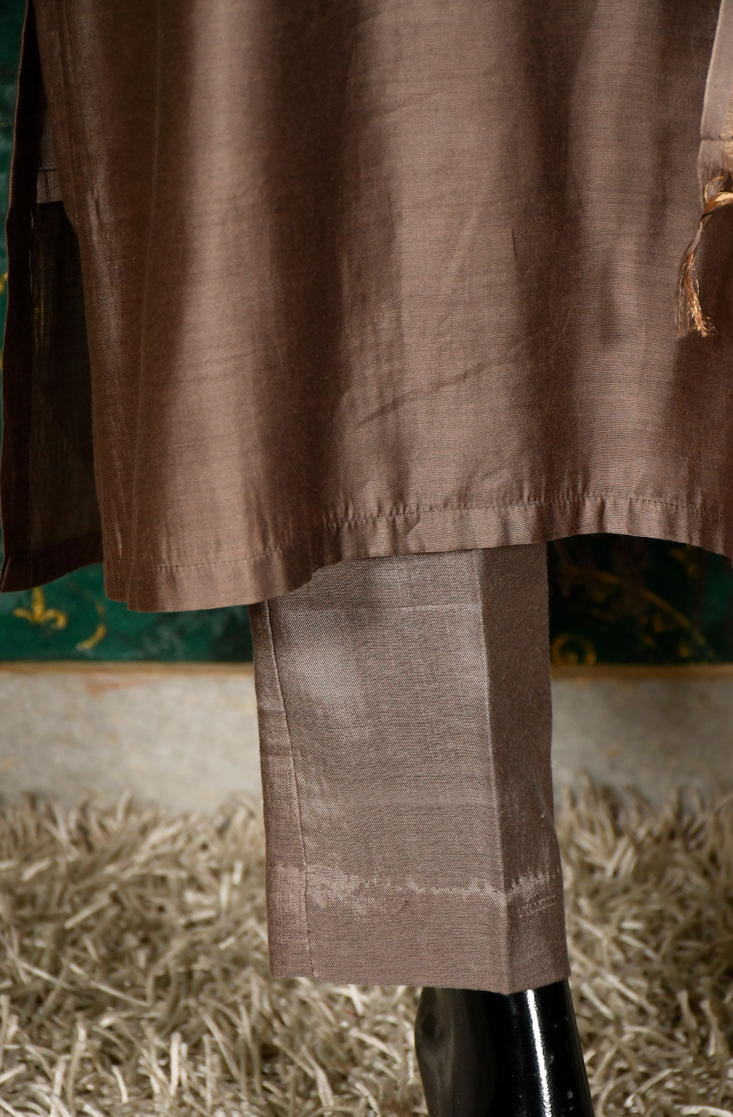 Brown Pure Silk Chanderi Hand Embroidered Suit Set