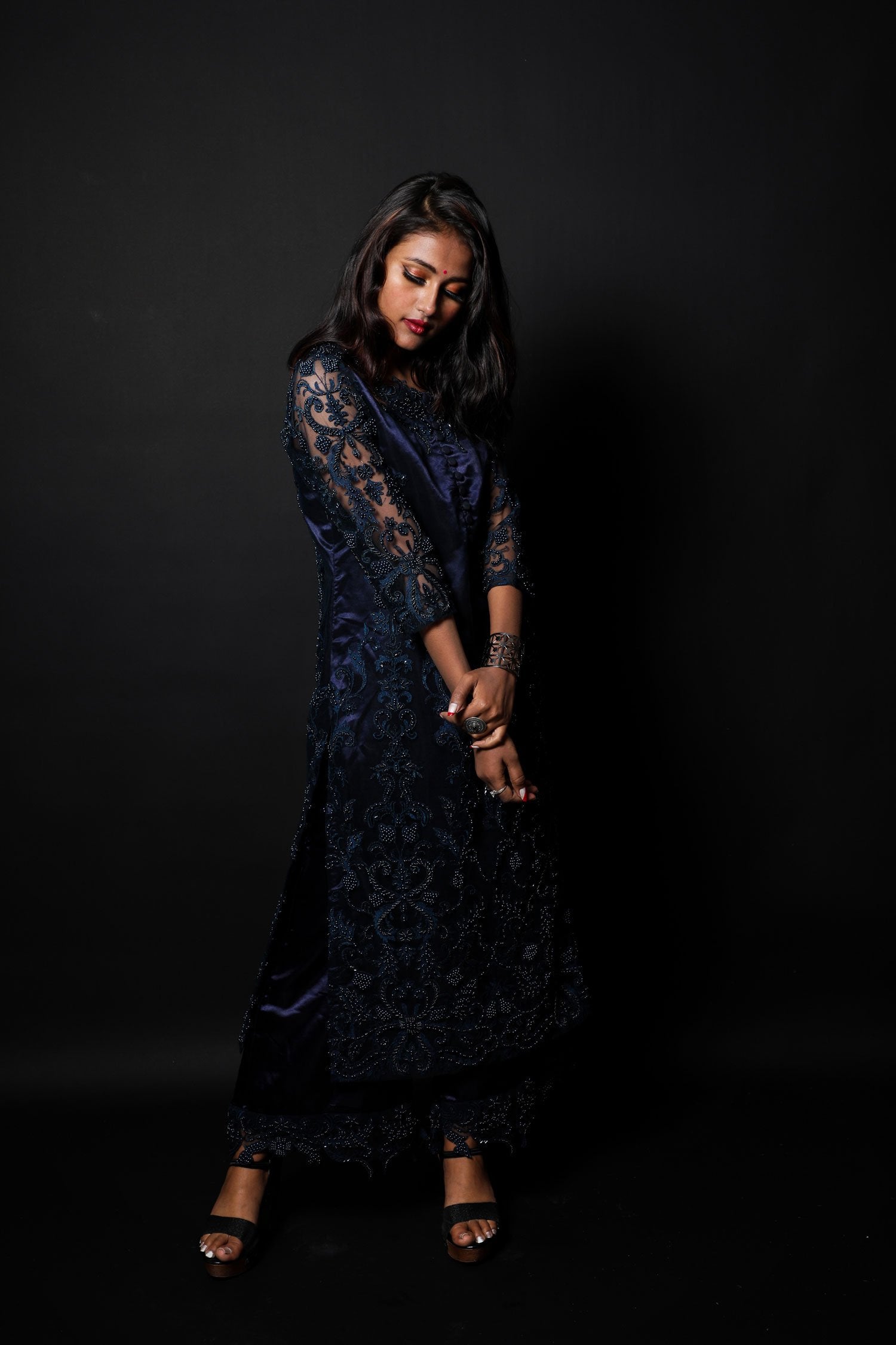 Prussian Blue Color Designer Embroidered Suit Set - Indigo - Naksheband