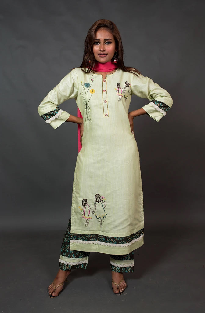 Pista and Brown Color Cotton Suit Set Embroidery - Pista Palette - Naksheband