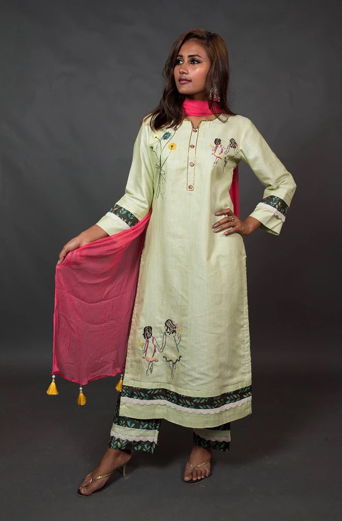 Pista and Brown Color Cotton Suit Set Embroidery - Pista Palette - Naksheband