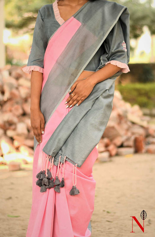 Grey Pure Silk Chanderi Hand Embroidered Designer Blouse - Naksheband