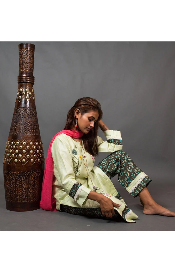 Pista and Brown Color Cotton Suit Set Embroidery - Pista Palette - Naksheband