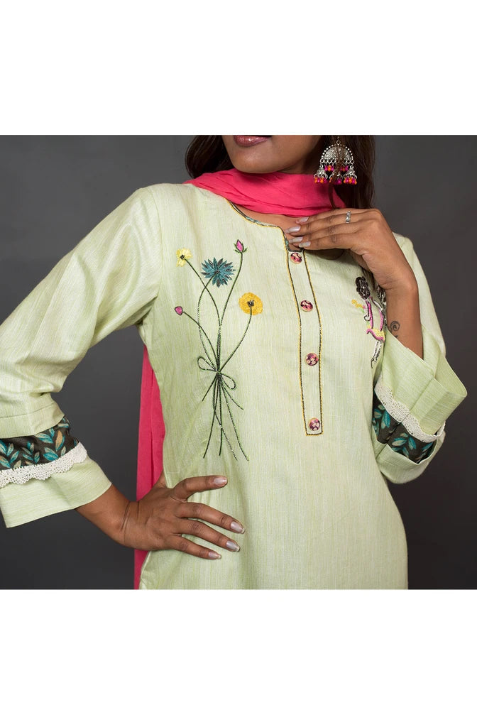 Pista and Brown Color Cotton Suit Set Embroidery - Pista Palette