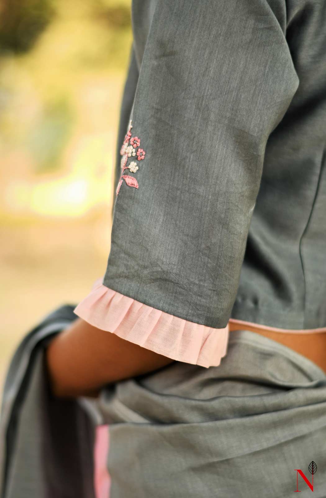Grey Pure Silk Chanderi Hand Embroidered Designer Blouse - Naksheband