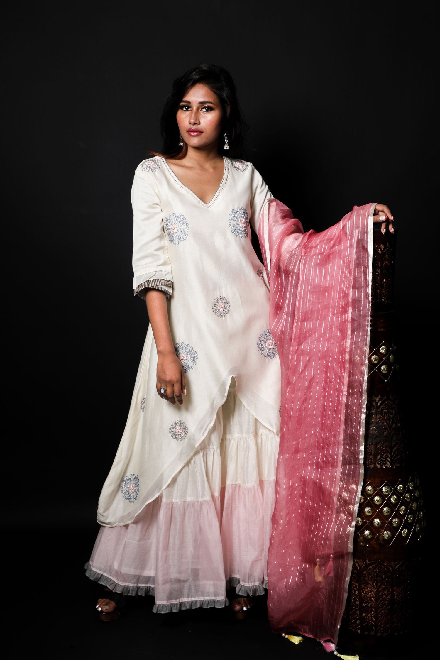 White And Pink Color Teared Garara Chanderi Silk Set - Amaranth - Naksheband