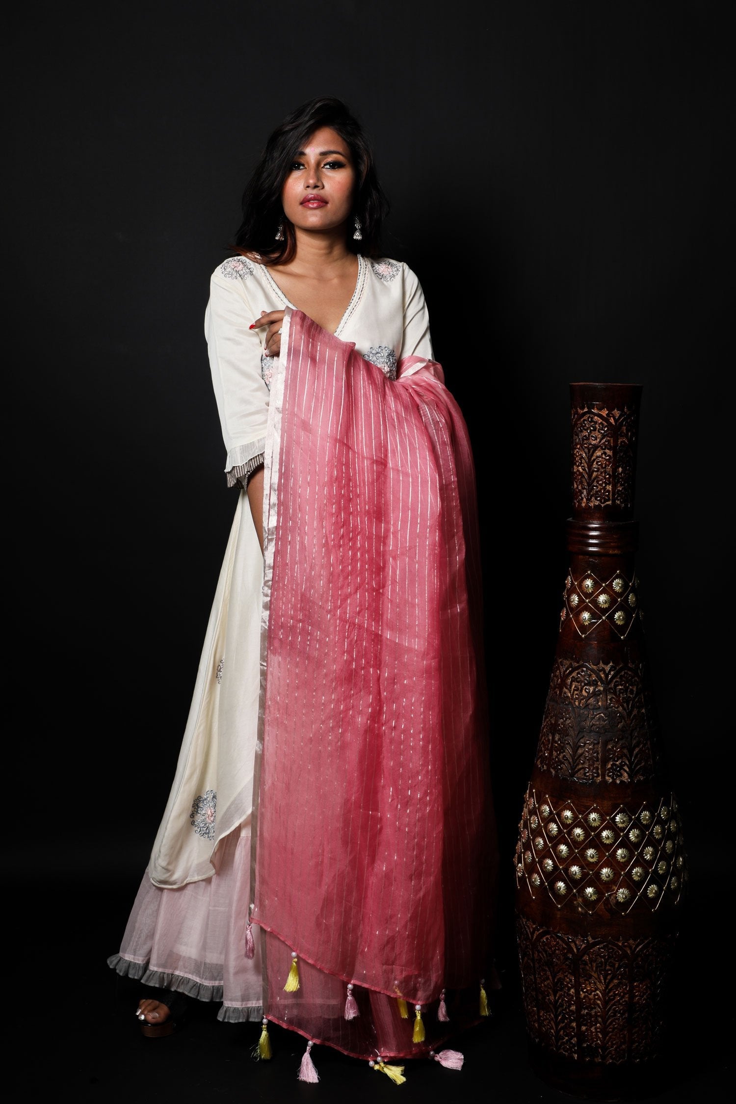 White And Pink Color Teared Garara Chanderi Silk Set - Amaranth - Naksheband