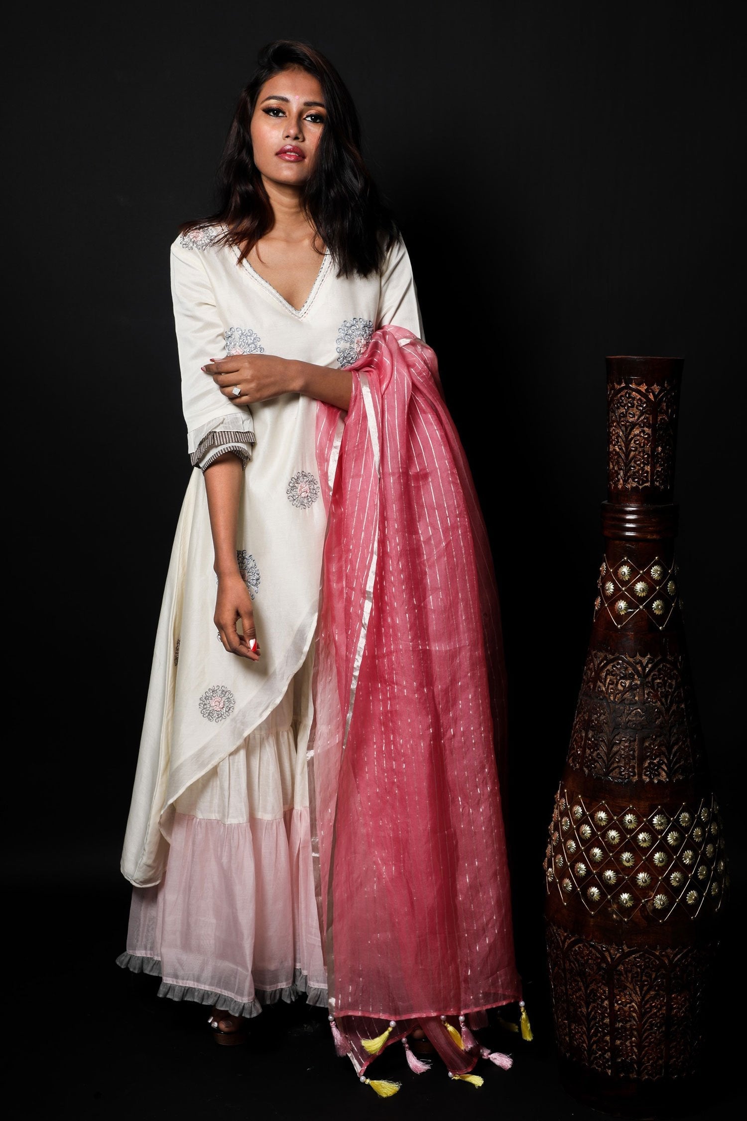White And Pink Color Teared Garara Chanderi Silk Set - Amaranth - Naksheband