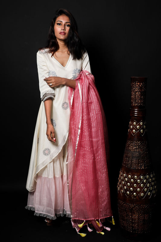 White And Pink Color Teared Garara Chanderi Silk Set - Amaranth - Naksheband