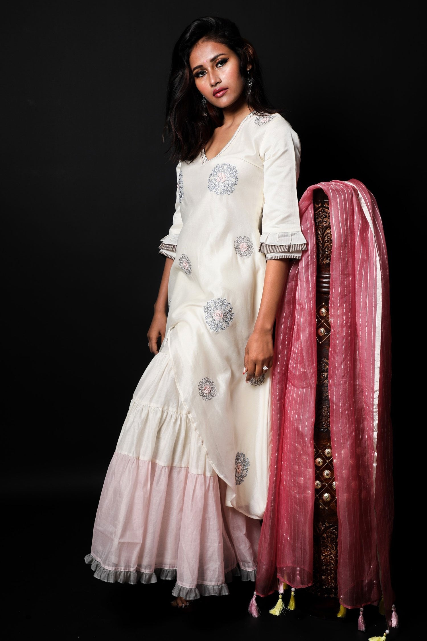 White And Pink Color Teared Garara Chanderi Silk Set - Amaranth - Naksheband