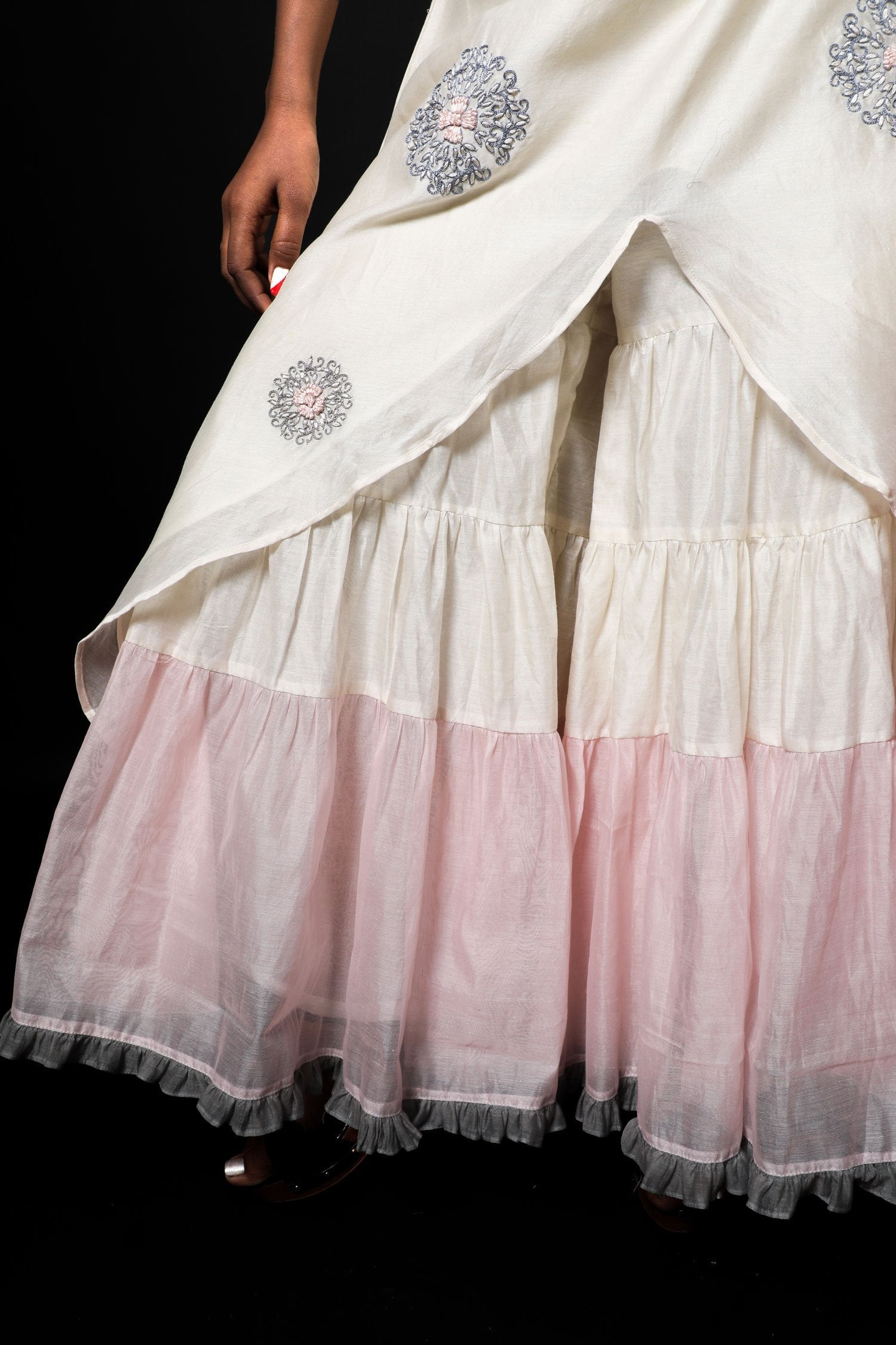 White And Pink Color Teared Garara Chanderi Silk Set - Amaranth - Naksheband