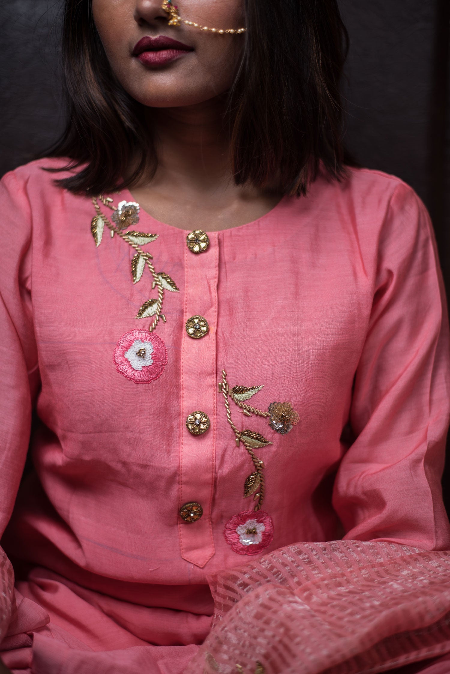 Pink Color Pure Silk Chanderi Suit Set Embroidery - Bubble Gum - Naksheband