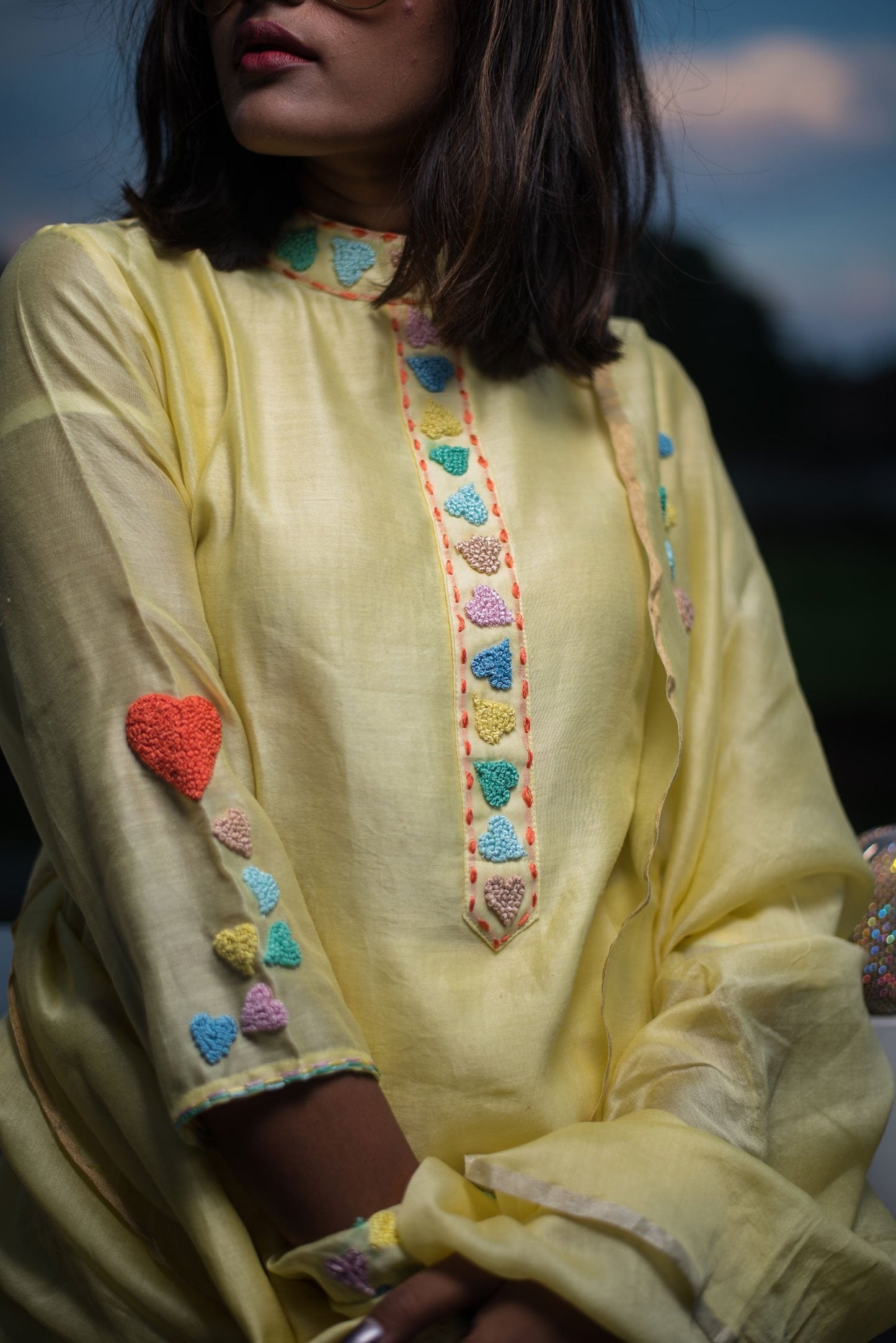 Lemon Color Pure Silk Chanderi Suit Set Embroidery - Coastal Cabana - Naksheband
