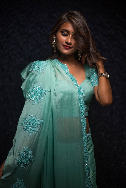 Turquoise  Color Designer Embroidery Pure Chiffon Saree - Turq Mayhem - Naksheband