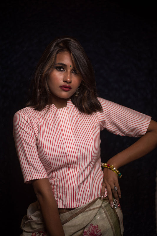 White Color Designer Pure Cotton Blouse - Bold Red Stripes - Naksheband