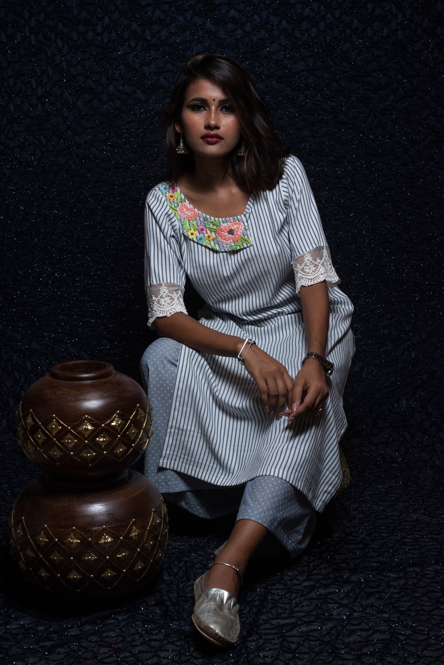 White And Blue Color Cotton Kurti - Naksheband