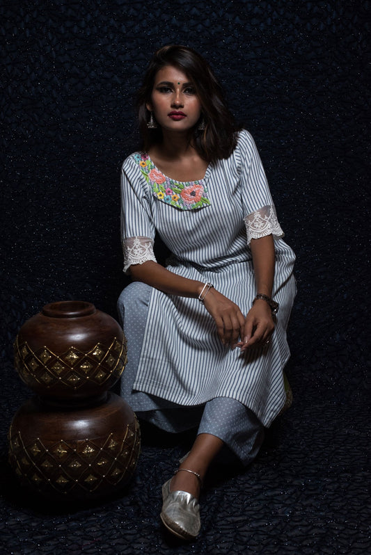 White And Blue Color Cotton Kurti - Naksheband