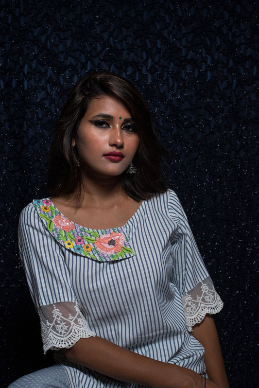 White And Blue Color Cotton Kurti - Naksheband