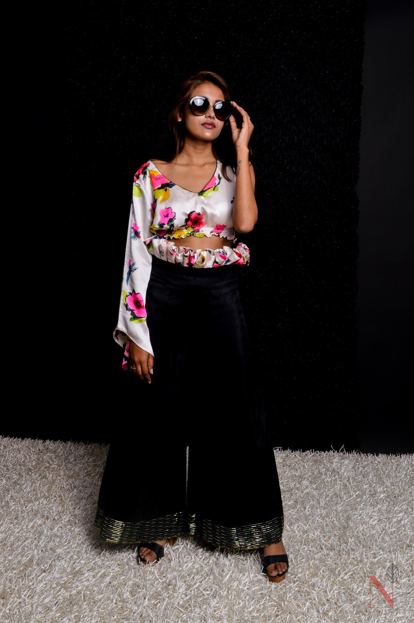 Indowestern Designer High Waist Frilled Pant Top Set - Forest - Naksheband