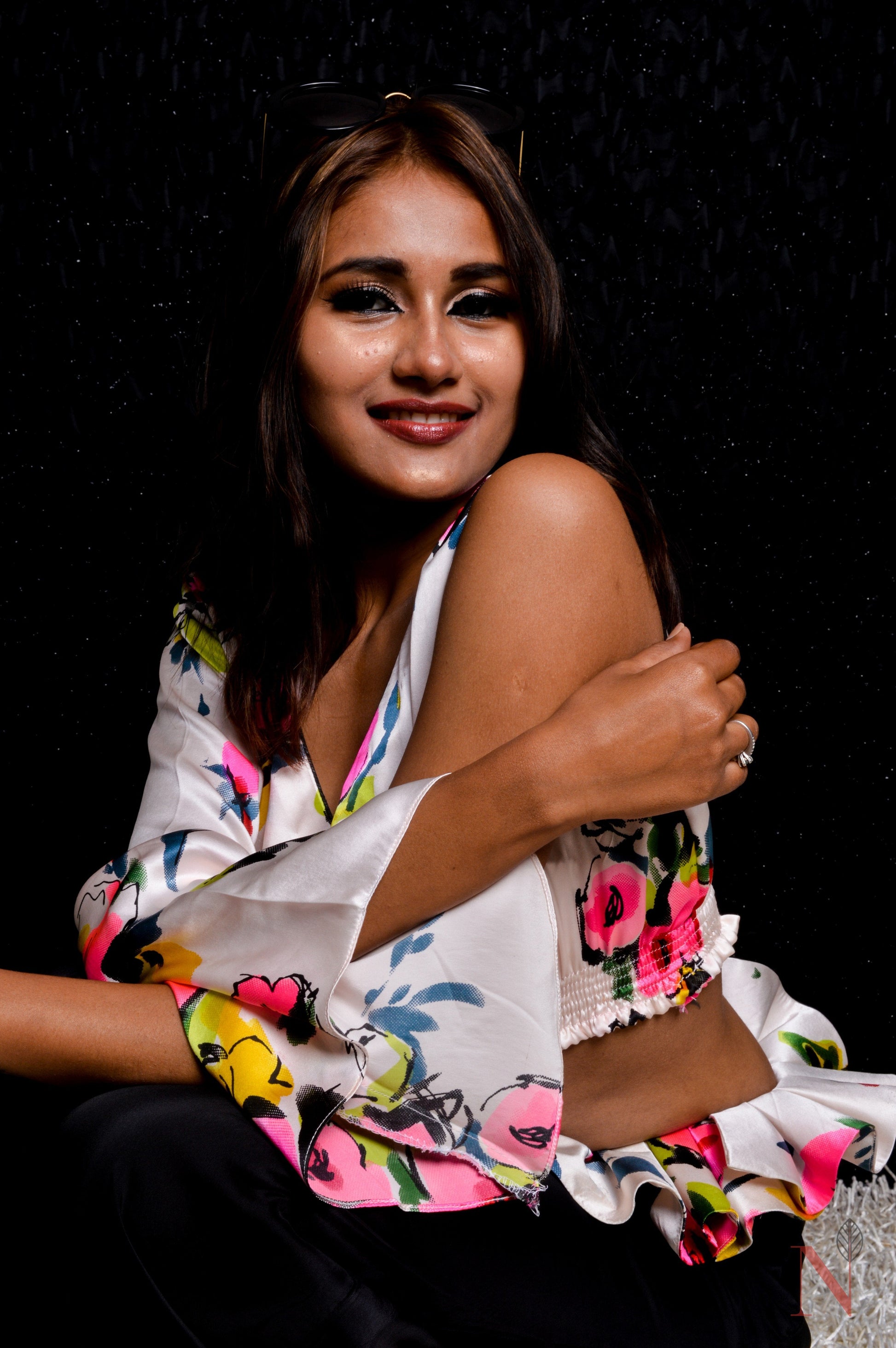 White With Floral Print Indowestern Designer High Waist Frilled Pant Top Set - Forest - Naksheband