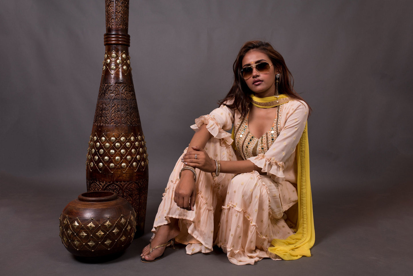 Peach Fuzz Color Teared Garara Chiffon Set - Honey Dew - Naksheband